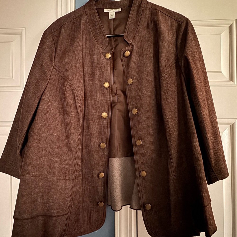 dressbarn Brown and Gold Blazer with Stand-Up Collar